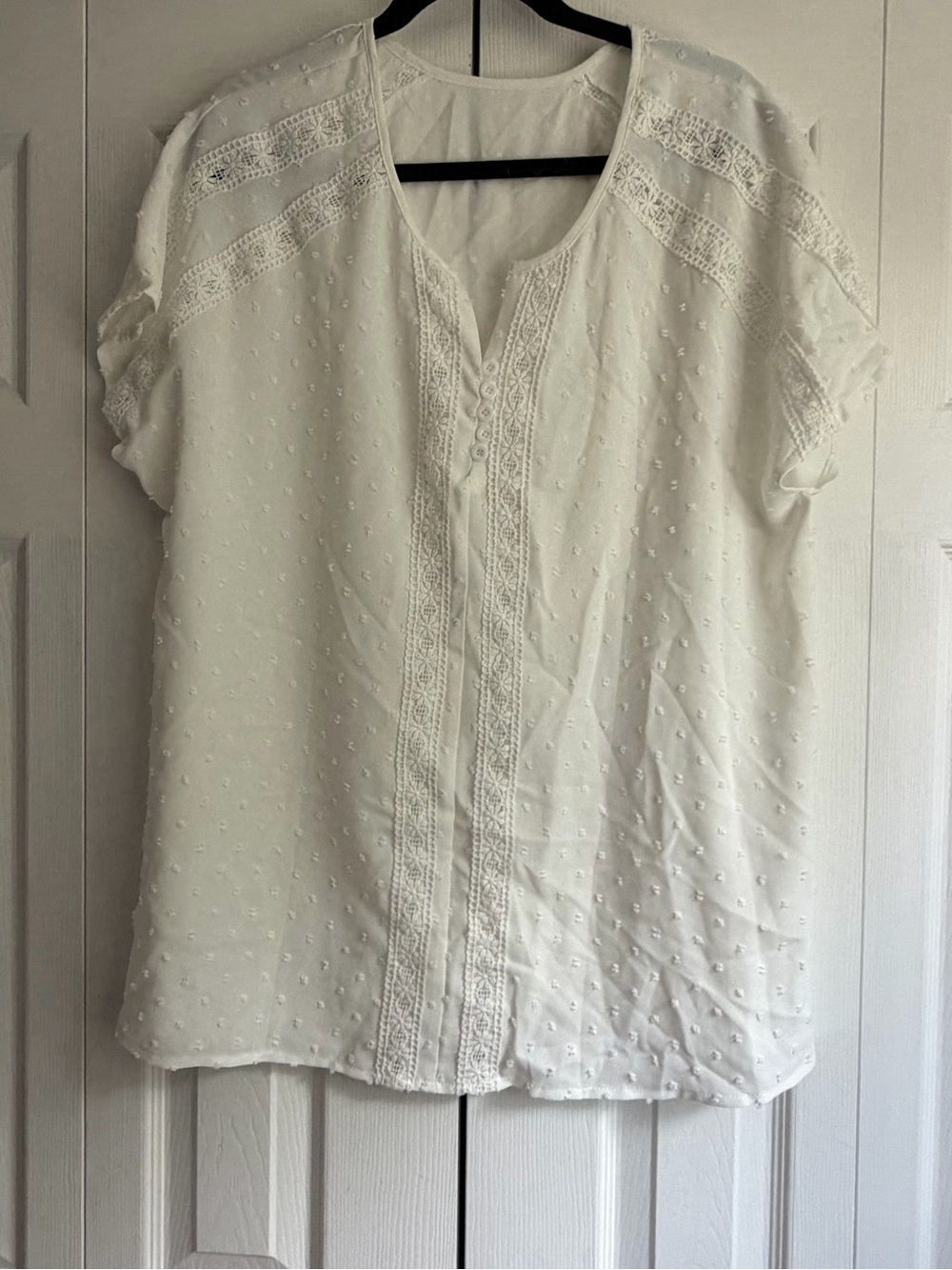 Women's White Swiss Dot Lace-Trim Peasant Blouse